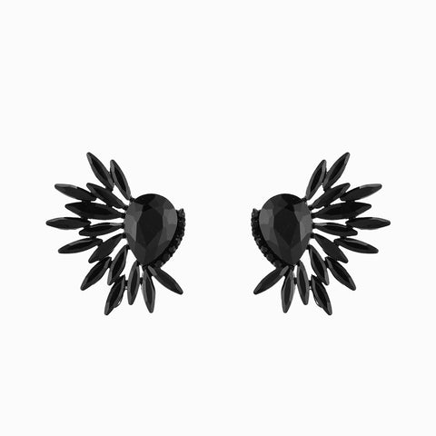 Aretes Negros con Diseño de Gota y Apliques de Cristal en Forma de Pluma